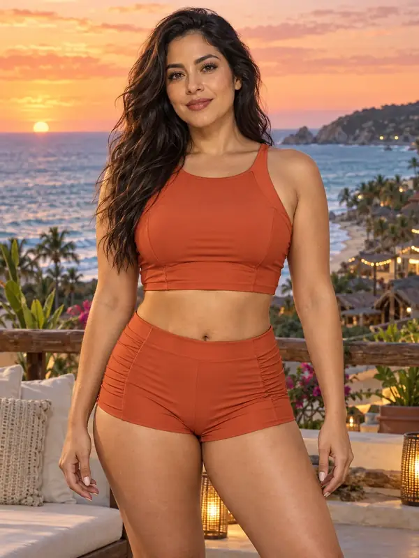 Mujer latina adulta generada con IA con conjunto naranja frente al mar al atardecer
